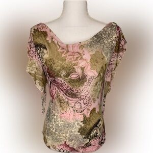 One ❤️Women’s Short Flutter Sleeve Semi Sheer Boho Top Size Medium